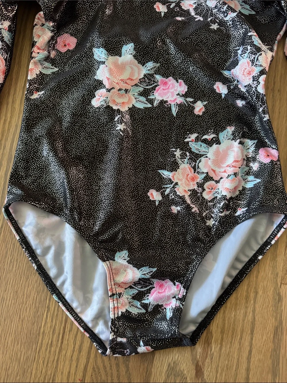 Black Floral Long-Sleeve Dance Leotard with Pink Accents
